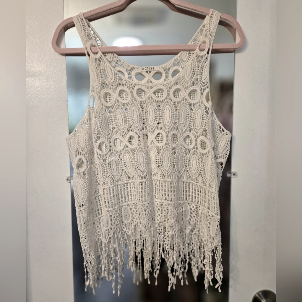 Cream Crochet Fringe Tank Top - Picture 1 of 7